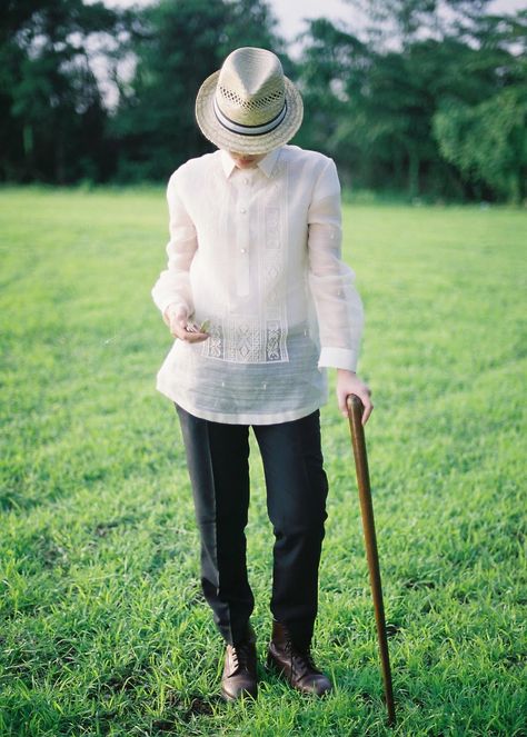 obvious choice: barong tagalog with slacks, hat and cane optional Barong Tagalog Aesthetic, Filipino Traditional Clothing Male, Modern Barong Tagalog For Groom, Barong Tagalog Outfit Men, Modern Barong Tagalog Men Outfit, Barong Tagalog For Groom, Filipiniana Prenup, Filipino Goddess, Barong Suit