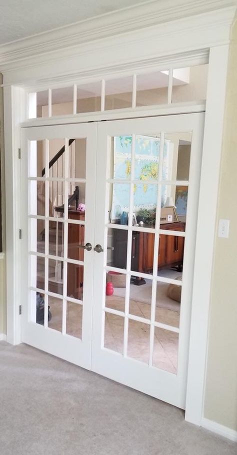 Interior french door with transom installed by KGK Home Improvements, LLC in Austin Texas 78739. French doors are Masonite 72 x 80, 15 lite, pine, painted in Benjamin Moore Advance White Dove in a satin sheen. The transom is a 6-lite made of pine. French Doors Interior Dining Room, Transoms Over Interior Doors, Interior French Doors With Transom, French Door With Transom, Interior French Door Ideas, Study Makeover, Door With Transom, Office Sunroom, Dining Room French Doors