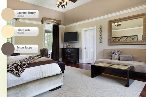 Gorgeous, elegant bedroom in beige and taupe with California Paints! The three colors used are Gourmet Honey DE6150, Sheepskin DE5372 and Tyson Taupe HC.   http://www.californiapaints.com/ Bedrooms With Couches, Bedroom Tv Wall, Ceiling Fan Bedroom, Bedroom Tv, Bedroom Couch, Sofa Beige, Beige Bedroom, Bedroom Pictures, Tv In Bedroom