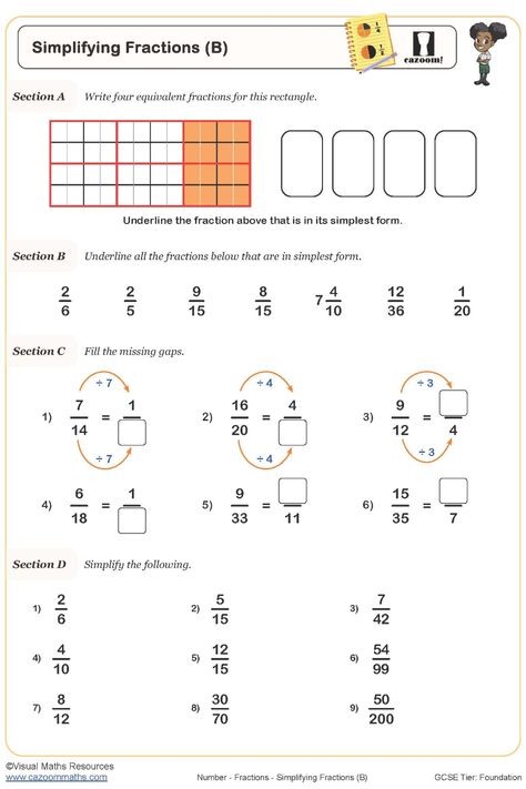 This educational worksheet delves into the essential skill of simplifying fractions. Learners will grasp the concept by dividing both the numerator and denominator with a shared factor. By practicing this technique, students can enhance their understanding of fractional operations and boost their mathematical proficiency significantly. Ideal for reinforcing classroom learning or for independent study at home, this worksheet offers a structured approach to mastering fraction simplification. Dive Year 9 Maths Worksheets, Ks3 Maths Worksheets, Year 8 Maths Worksheets, Ks1 Maths Worksheets, Year 6 Maths Worksheets, Year 2 Maths Worksheets, Year 7 Maths Worksheets, Year 5 Maths Worksheets, Year 4 Maths Worksheets