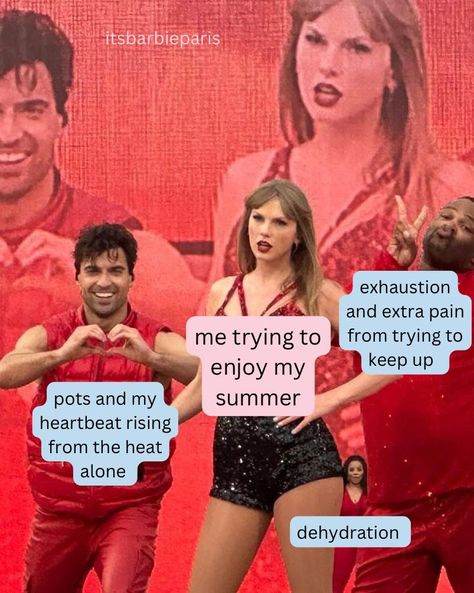 it’s #disabledbabesummer disabled babes, how are we holding up? it’s ROUGH out here in central florida. i live outing to outing and have so much rest in between. accessibility: taylor swift and various background dancers. over taylor swift it says “me trying to enjoy my summer” and three dancers with “pots and my heartbeat rising from the heat alone”, “exhaustion and extra pain from trying to keep up” and “dehydration” #disabled #servicedog #assistancedog #ambulatorywheelchairuser #actuall... Dysautonomia Humor Pots, Pots Dysautonomia Memes, Ibs Relief, Illness Humor, Dysautonomia Pots, Low Histamine, Alphabet Soup, Ehlers Danlos Syndrome, Chronic Condition