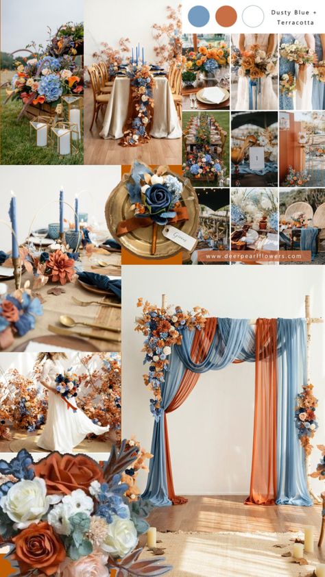 Orange Wedding, Dusty Blue, Burnt Orange, Collage, Orange, Flowers, Blue