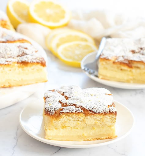 Lemon Magic Cake, Lemon Bar Magic Cake, Easy Lemon Cake 4 Ingredients, Lemon Magic Cake Recipe, Lemon Bar Cake, Lemon Magic Custard Cake Recipe, Magic Lemon Custard Cake, Lemon Magic, Bang Bang Cauliflower