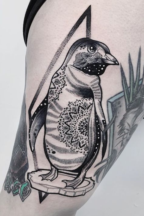 Penguin Tattoo For Men, Penguin Sleeve Tattoo, Realistic Penguin Tattoo, Pair Tattoos, Third Eye Tattoos, Penguin Tattoo, Penguin Drawing, Thigh Tattoo Designs, Penguin Craft