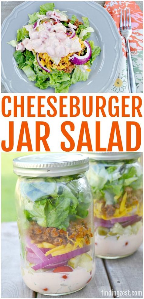 If you love cheeseburgers you'll love this cheeseburger salad in a jar recipe! Loaded with romaine lettuce, hamburger with ketchup and mustard, cheese, tomatoes, onions, pickles and special sauce, this jar salad is perfect for taking on the go for lunch or your next picnic. Cheeseburger Salad, Lunch Kits, Low Fat Chicken Recipes, Mason Jar Lunch, Salad Jar Recipe, Packing Lunch, Low Fat Chicken, Jar Meals, Jar Salads