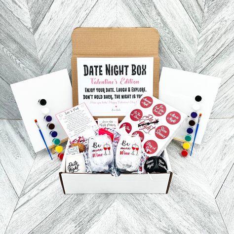 What a great Date Night Idea! Paint Night with Wine glasses and other fun things, including fortune cookies, a special instructions die and a date night jar with ideas! This is the perfect Night In for those that aren't really into going out these days! SHIPS IN 1-2 DAYS, UPS WITH TRACKING WHATS INCLUDED *Everything pictured* 1, Wine glasses (2) 2. 8 x 10-inch Canvases (2) 3. Non-toxic washable paint sets (2) 4. Easels (2) 5. Fortune Cookies (2) 6. Date night jar with Date ideas inside 7. Sugges💕#LoveStory #RomanticEncounters #HeartfeltConnections #DateNightIdeas #SoulmateSearch #FlirtyFridays #CandlelitDinners #StarryEyedMoments #LoveQuotes #DreamyDates #WhisperedPromises #AmourAdventures Date Night In A Box Ideas, Paint Date Night At Home, Date Night Basket Ideas, Date Night Gift Basket Ideas, Home Date Night Ideas Set Up, Date Night Kit, Date Night Basket, More Love Letters, Night Jar