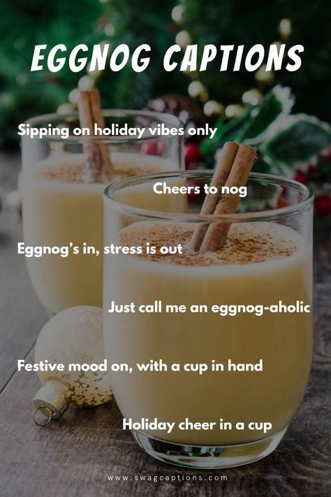 Savor the sweetness of the holidays with our Eggnog Captions and Quotes. Elevate your captions, embrace the festive vibes, and let your feed sparkle with seasonal charm. Cheers to sharing joy! Festive Vibes Captions, Christmas Eggnog, Joy Baby, Holiday Romance, Caption For Yourself, Holiday Mood, Captions For Instagram, Silent Night, Holiday Celebration