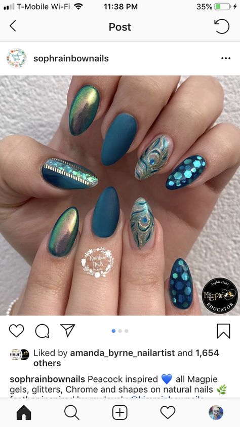 Indian Inspired Nail Art, Radha Krishna Nail Art, Peacock Nail Designs, Competition Nails, Peacock Nail Art, Turquoise Nail Art, Turquoise Nail Designs, Nail Suggestions, Teal Nail Designs