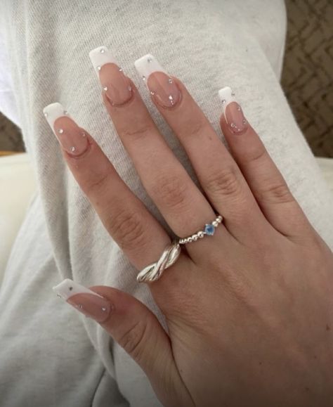 White French Tip With Gems, French Tip With Gems, Nails With Gems, White French Nails, French Tip Acrylics, French Tip Nail Designs, White French Tip, Ballet Core, Minimal Nails