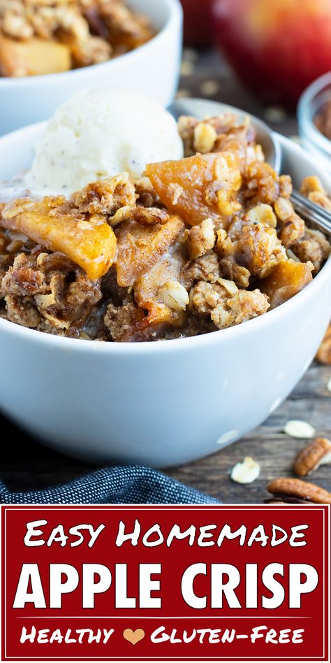 This Homemade Apple Crisp is loaded with tender baked apples and topped with an oatmeal crisp topping perfect for your fall dessert! This gluten-free, healthy apple crisp can easily be made vegan. Top with whipped cream or ice cream to take it to the next level. #apple #crisp #fall #glutenfree #vegan #apples #dessert The Best Apple Crisp, Apple Crisp With Oatmeal, Apple Crisp Recipe Healthy, Best Apple Crisp Recipe, Oatmeal Apple, Vegan Apple Crisp, Crisp Topping, Healthy Apple Crisp, Gluten Free Apple Crisp