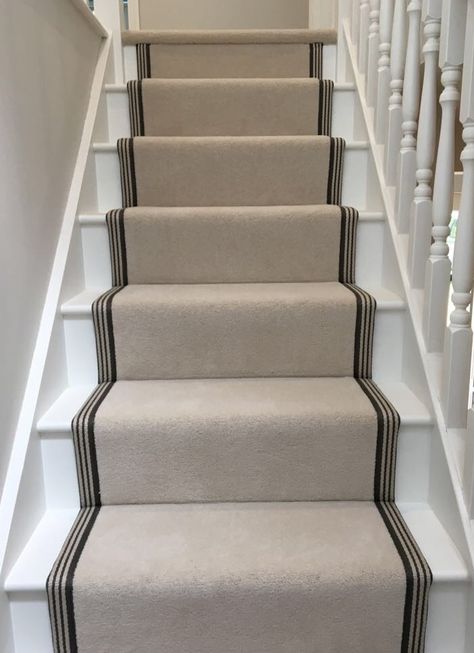 Cream Stair Runner, White Painted Stairs With Carpet Runner, White Staircase With Runner, Cream Carpet Runner On Stairs, White Stairs With Runner, Hallway Wall Colors, Staircase Carpet Runner, Stairway Carpet, Striped Stair Runner