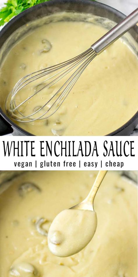 This White Enchilada Sauce is full of fantastic flavors, creamy, versatile and satiisfying. No one would ever tell it is vegan. Eat it up with your enchiladas or tortilla chips so yummy. #vegan #dairyfree #glutenfree #vegetarian #whiteenchiladasauce #contentednesscooking #dinner #lunch #mealprep #comfortfood White Enchilada Sauce, Enchilada Sauce Recipe, Smoothies Vegan, Vegan Cheese Recipes, Desserts Vegan, Vegan Mexican, Vegan Sauces, Enchilada Sauce, Vegan Condiments