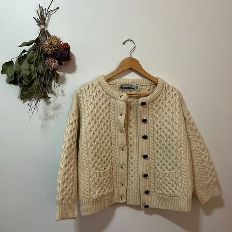 Vintage 100% Irish Wool Aran Cardigan Irish Sweater Outfit Women, Sweater Outfit Women, Irish Knit Sweaters, Thrift List, Irish Wool Sweaters, Aran Cardigan, Irish Sweater, Honeycomb Stitch, Knit Sweaters