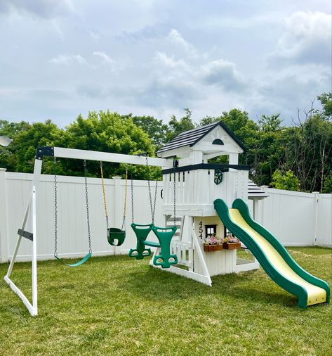 Black and white playground play set. Fixer upper Paint Playground Set, Playground Painting Ideas, Playground Remodel, Playground Makeover, Playset Makeover, Playhouse Remodel, Wood Playground, Playground Painting, Backyard Kids