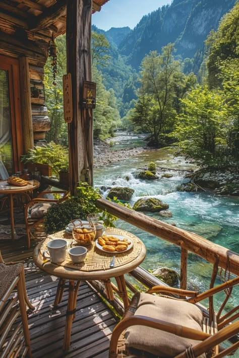 Cozy Lake House Lakeside Cottage, Cabin Breakfast Ideas, Summer Ambience, Cabin Breakfast, Unique Cabin, Morning Meals, Forest Cottage, Forest Backdrop, Cozy Breakfast Nook