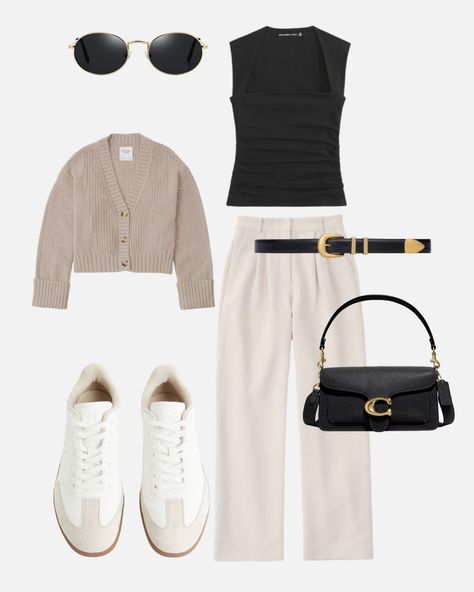 This look features a sleek black top paired with classic cream trousers and a cozy beige cardigan. Complete with white sneakers for comfort, a stylish black belt, and a matching black handbag. Don’t forget the sunglasses to add a touch of glam! #OOTD #CasualStyle #FashionInspo #effortlesselegance #instadaily #instalike #abercrombie #zara #coach #celine #trousers #casual Cream Trousers Outfit Casual, Black Cream Outfit, Celine Trousers, Cream Trousers Outfit, Black Belt Outfit, Trousers Outfit Casual, Black Top Outfit, White Tops Outfit, Cream Outfit