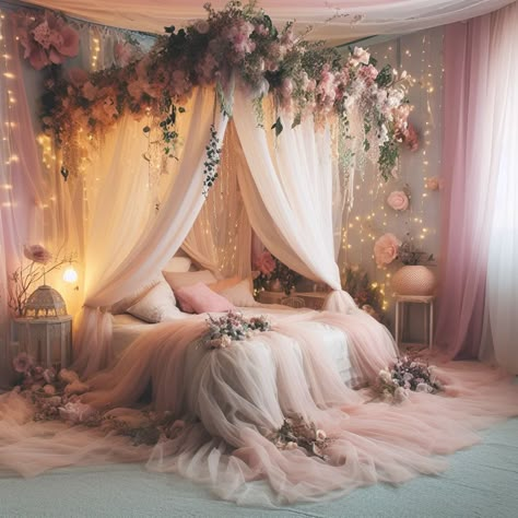 Flower Themed Bedroom Aesthetic, Rose Themed Bedroom, Ethereal Aesthetic Bedroom, Flower Themed Bedroom, Adult Princess Bedroom, Ethereal Bedroom Aesthetic, Floral Room Aesthetic, Fairy Tale Bedroom, Enchanted Bedroom