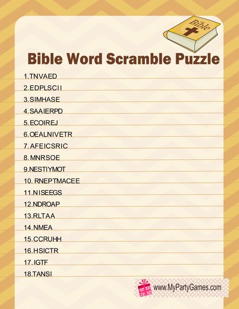 Free Printable Bible Word Scramble Puzzles Bible Word Scramble, Charades Word List, Bible Charades, Charades Words, Bible Quizzing, Christian Puzzles, Bible Search, Bible Word Searches, Unscramble Words