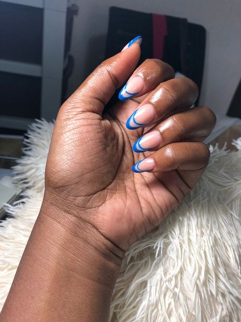 Blue Design Almond Nails, Electric Blue French Tip Nails, Blue French Tips Almond, Blue Tip Nails French Manicures, Blue French Tip Nails Almond, Dark Blue Nails French Tip, Dark Blue French Tips, Blue Tips Nails, Blue Chrome French Tip Nails