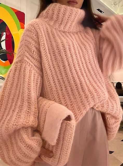 Mm Styling, Pink Turtleneck, Fashion Knitting, Oversized Sweater Women, Pullover Mode, Spring Knits, Trendy Sweaters, Crochet Inspo, Solid Sweaters