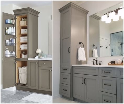 Vanity With Linen Cabinet, Built In Bathroom Vanity, Bathroom Vanity With Tower, Tile Ideas Bathroom, Storage Ideas For Small Bathrooms, Built In Bathroom Storage, Ideas For Small Bathroom, Master Vanity, Bathroom Tower