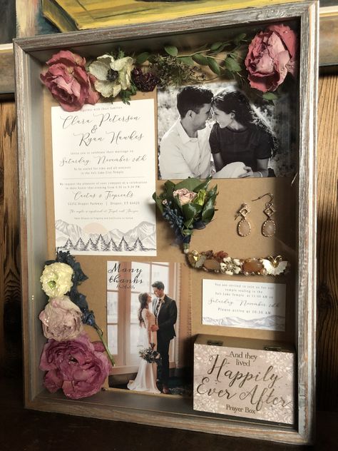 Post Wedding Keepsakes, Marriage License Display Ideas, Wedding Card Memory Frame, Wedding Card Shadow Box Ideas, Wedding Photo Shadow Box Ideas, Wedding Bouquets Keepsake Ideas, Wedding Mementos Ideas, Shadow Box For Husband, Shadow Box Wedding Invitation