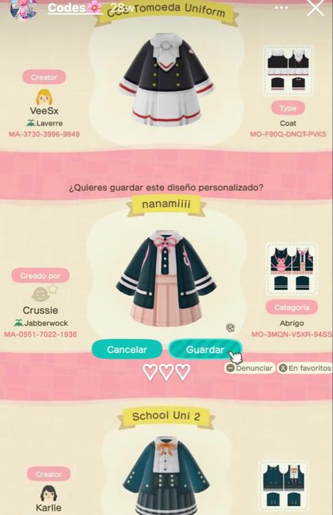 Acnh Creator Id Codes Clothes, Animal Crossing Design Codes Clothes Anime, Acnh Kpop Code, Acnh Anime Design Codes, Animal Crossing Cosplay Codes, Animal Crossing Anime Codes, Acnh School, Animal Crossing Clothes Codes, Uniform Codes