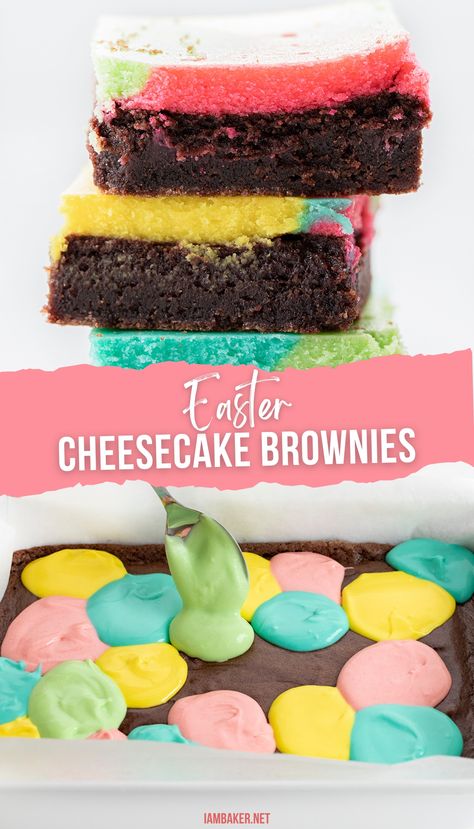 Two images show a stack of easter brownies as well as the process of adding different colored cheesecake dollops to the brownies. Easter Brownie Ideas, Spring Brownies, Colorful Cheesecake, Spring Bakes, Easter Brownie, Easter Bars, Easter Brownies, Easter Dessert Table, Easter Cheesecake