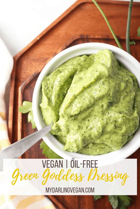 Put this vegan Green Goddess Dressing on everything! It is not only delicious but also oil free! Made with a base of creamy avocado whipped together with aquafaba for a healthy plant-based dressing that tastes just like the classic. Vegan Green Goddess Dressing, Vegan Green Goddess, Plant Based Dressing, Oil Free Salad Dressing, Delicious Healthy Salads, Vegan Dips, Vegan Greek, Vegan Salad Dressing, Plant Based Soups