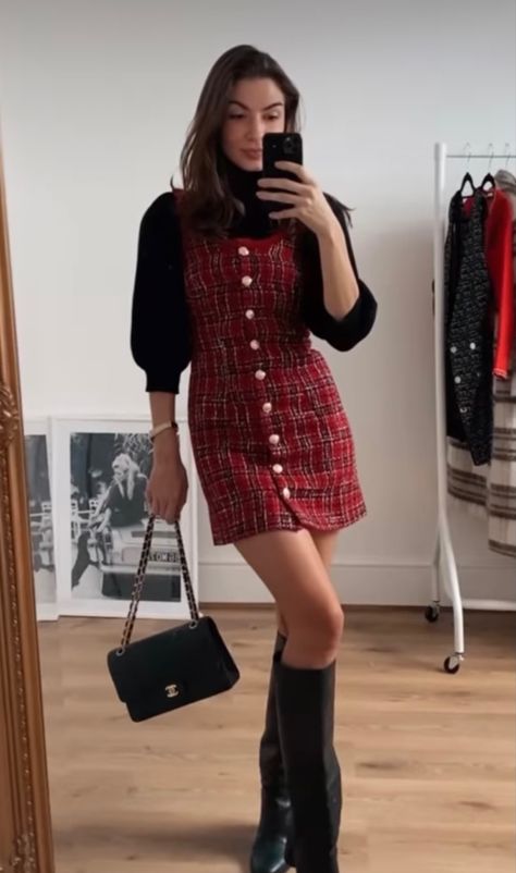 Tweed Jumper Dress, Red Tweed Dress Outfit, Casual Red Dress Outfit Winter, Tweed Christmas Outfit, Red Checkered Skirt Outfit, Red Dress Outfit Winter, Check Dresses For Women, Checkered Dress Outfit, Tweed Dress Outfit