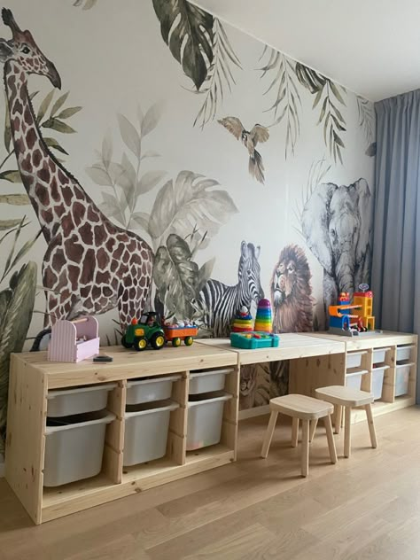 Diy Trofast Desk, Ikea Jungle Kids Rooms, Trofast Kids Desk, Ikea Trofast Desk Hack, Ikea Trofast Desk, Ikea Trofast Ideas, Trofast Desk Hack, Jungle Theme Bedroom Kids, Trofast Desk