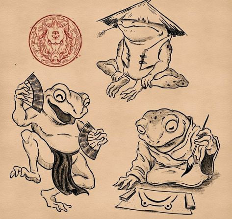 Frosch Illustration, Tattoo Japanese Style, Frog Illustration, Frog Tattoos, Japan Tattoo Design, Frog Drawing, Japanese Drawings, Japanese Tattoos, Traditional Japanese Tattoos