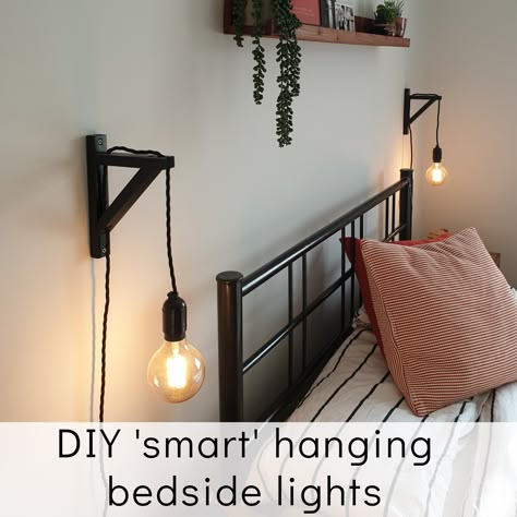 If you want to avoid the mild inconvenience of turning your bedside lights on and off, this is the project for you. Our smart hanging bedside lights can be controlled by phone or voice which is a bit of a revelation in our household. We reckon they look pretty tasty too so to learn how we made + set our lights up, read on. Hanging Reading Light, Hanging Lightbulbs In Bedroom, Bedside Lights Hanging From Ceiling, Bedroom Lighting Ideas Wall, Bedroom Lighting Ideas Hanging, Hanging Lights In Bedroom, Reading Lights Over Bed, Bedside Lighting Ideas, Ceiling Lights Ideas