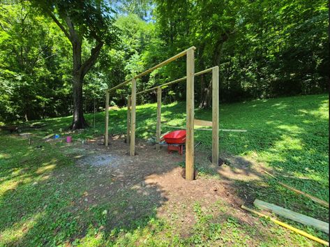 Building monkey bars for kids of any age, even 40 Backyard Monkey Bars, Diy Monkey Bars And Swings, Pergola Monkey Bars, Natural Monkey Bars, Monkey Bars For Kids, Outdoor Monkey Bars Jungle Gym, Post Hole Diggers, Red Spray Paint, Power Tower