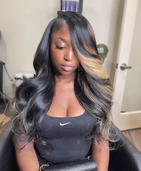 Sewin Hairstyles Side Part, Hairstyle Sew In Black Women, Sew In Hairstyles Side Part Body Wave, Side Part Sew In With Color Streaks, Side Part Closure Sew In With Highlights, Leave Out Sew In With Highlights, Ombre Sew In With Leave Out, Natural Sew In With Leave Out Body Wave, Side Part Sew In Color