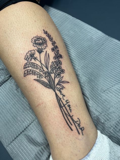 Lily Of The Valley Memorial Tattoo, Larkspur And Marigold Tattoo, Marigold And Lily Of The Valley Tattoo, Carnation And Lily Of The Valley Tattoo, Aster Tattoo, Larkspur Tattoo, Marigold Tattoo, Botanical Bouquet, Carnation Tattoo