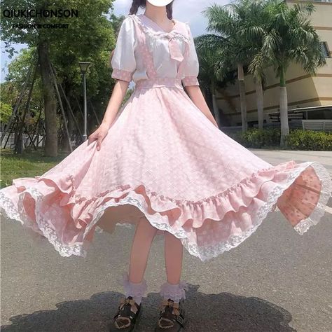 Eh idk but yeah do you want this??? Just follow me and send me a hii then i give you this clothes! Soft Girl Dress, Modest Aesthetic, Cute Pink Outfits, Sundress Outfit, Prairie Dresses, Soft Girl Outfits, Bunny Dress, Modesty Fashion, 1970s Dresses