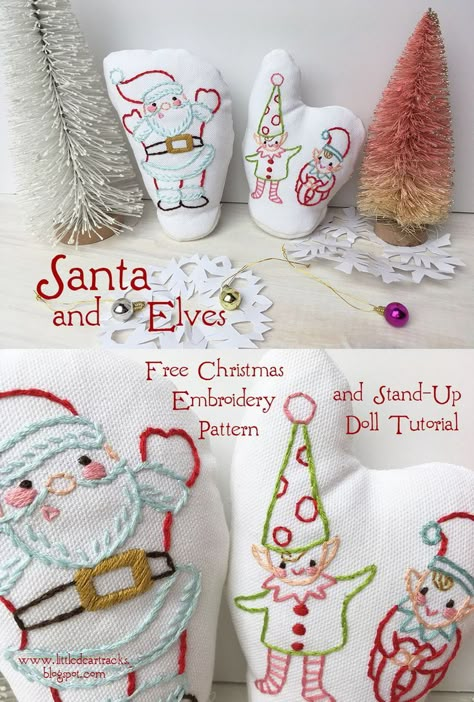 Stitch up these adorable Santa and Elves stand up dolls with the free embroidery patterns and tutorial at www.littledeartracks.blogspot.com #christmasdiy #christmasdecorations #christmascrafts #freeembroiderypattern Santa Embroidery Design, Marshmallow Cheesecake, Embroidery Santa, Primitive Stitchery, Free Embroidery Patterns, Design Catalog, Christmas Embroidery Patterns, Crafts Sewing Patterns, Christmas Applique