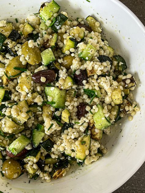 Roasted Zucchini Couscous Salad with Feta - The European Dish Couscous With Zucchini, Coucous Salad Recipes Feta, Chicken Zucchini Couscous, Zucchini Couscous, Gluten Free Couscous, Isreali Coucous Salad Greek, Lemon Herb Couscous Salad, Moroccan Cauliflower And Couscous Salad, Light Summer Meals