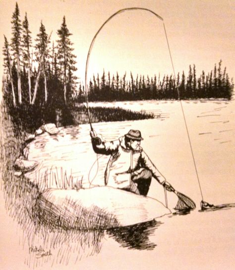 A fisherman. Based on a sketchbook drawing from Michigan's Lake of the Clouds. Pen and ink. Fisherman Drawing Sketch, Man Fishing Drawing, Fishing Sketch, Fisherman Drawing, Fishing Drawing Ideas, Fishing Drawing, Fly Fishing Tattoo, Animation Mentor, Whiteboard Art