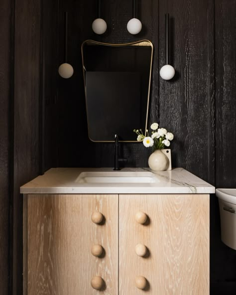 embracing mood + balance for this pool house bath 🌚 photographer: @linea.photo | Instagram Pool Bath Vanity, Fun Powder Bath, Freestanding Vanity Bathroom, Urban Modern Bathroom, Mountain Eclectic, European Bathroom Design, Black Powder Room, European Bathroom, Modern Powder Room