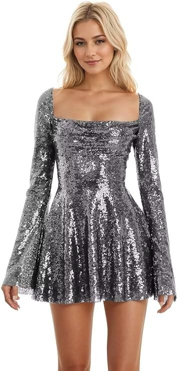 Sequined Dress Outfit, Glitter Dress Outfit, Long Sleeve Prom Dress Short, Long Sleeve Sparkly Dress, Formal Prom Dresses Short, Silver Sparkly Dress, Silver Formal Dresses, Seventeen Concert, Prom Dress Short