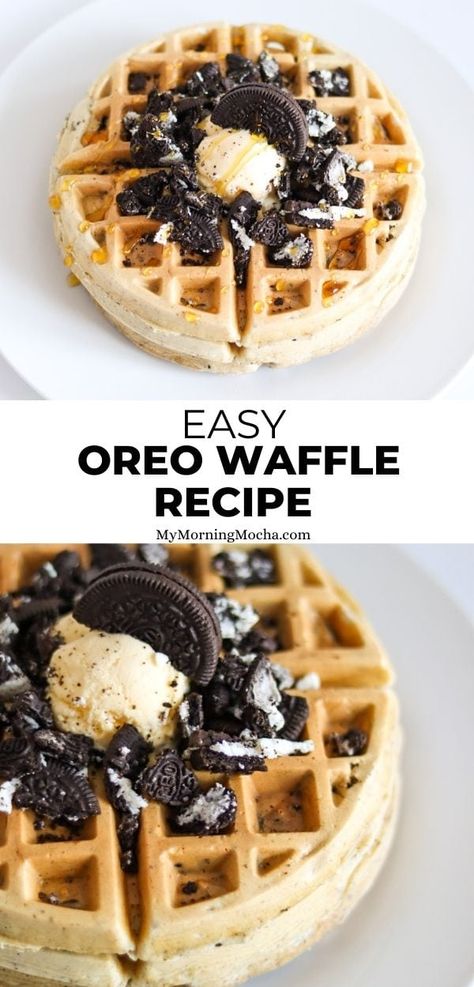 Here's how to make Oreo waffles with this recipe perfect for the waffle maker. This homemade Oreo waffle is so easy to make, light and fluffy. via @MyMorningMocha Cookies And Cream Waffles, Oreo Waffles Recipe, Oreo Waffles, Waffles Toppings Ideas, Waffle Ideas, Waffle Pops, Easy Waffle Recipe, Waffle Maker Recipes, Homemade Waffles