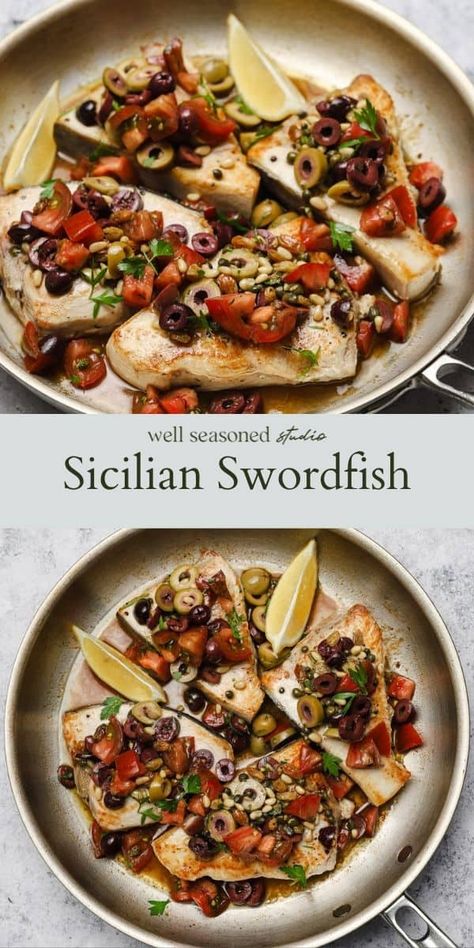 Easy to make, pan seared swordfish steaks are topped with a perfectly salty, sweet olive relish. You'll have an impressive, healthy, restaurant-worthy meal on the table in less than 30 minutes, guaranteed. GF, DF #wellseasonedstudio #swordfish #sicilianfood #panseared #seafood #olives #oliverelish Sicilian Swordfish Recipes, Mediterranean Swordfish Recipes, Seared Swordfish Recipes, Pan Seared Swordfish Steaks, Swordfish Recipes Pan Seared, Sicilian Swordfish, Pan Seared Swordfish, Swordfish Steak Recipe, Surgery Prep