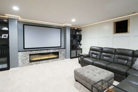 Basement Tv Rooms, Basement Family Rooms, Basement Movie Room, Projector Wall, Home Theater Room Design, Basement Fireplace, Theater Room Design, Basement Inspiration, Home Cinema Room