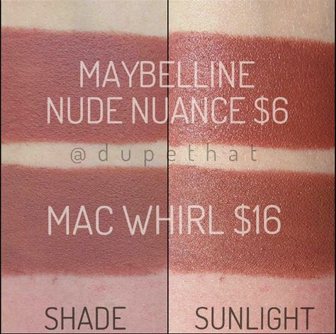 Lipstick Dupes: MAC "Whirl" and Maybelline "Nude Nuance" Maybelline Nude Nuance, Mac Whirl Lipstick, Whirl Lipstick, Mac Whirl, Maybelline Lipstick, Berry Lipstick, Maybelline Color Sensational, Makeup Swatches, Mac Makeup