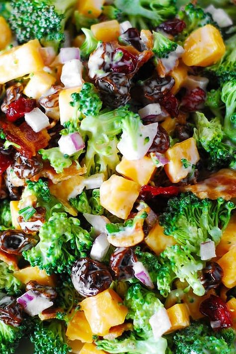 Broccoli salad with bacon, raisins, and cheddar cheese Broccoli Salad With Cheese, Brócoli Salad, Salad With Raisins, Broccoli Bacon Salad, Broccoli Salad With Raisins, Broccoli Salad With Bacon, Best Broccoli Salad Recipe, Salad Recipes With Bacon, Easy Broccoli Salad