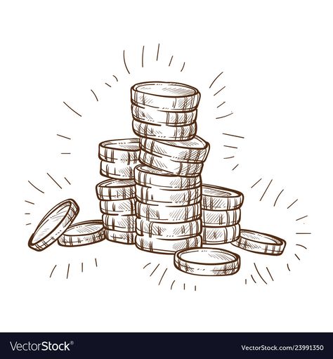 Money Stack Drawing, Economy Drawing, Coins Drawing, Wealth Illustration, Money Sketch, Coin Drawing, Coin Drawing Pencil, Pile Of Money Drawing, Money Drawing Sketches