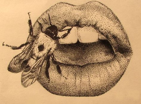 A Bee's Sting Bee Stung Lips, Pointalism Art, Dotted Drawings, Lips Photo, Stippling Art, Tattoo Illustration, Stippling, Pen Art, Ink Pen Drawings