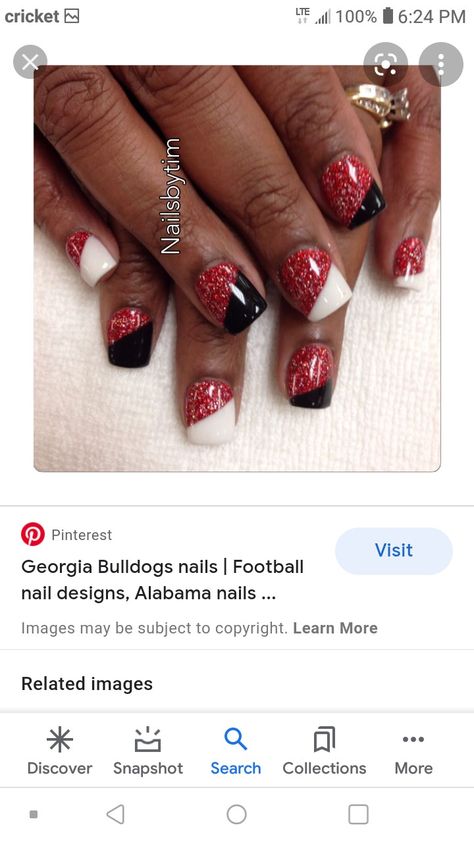 Uga Nails Design, Georgia Bulldogs Nails Designs, Ou Nails Boomer Sooner, Husker Nails Designs, Ohio State Buckeyes Nails, Fall Football Nails, Theatre Nails, Football Season Nails, Alabama Football Nails